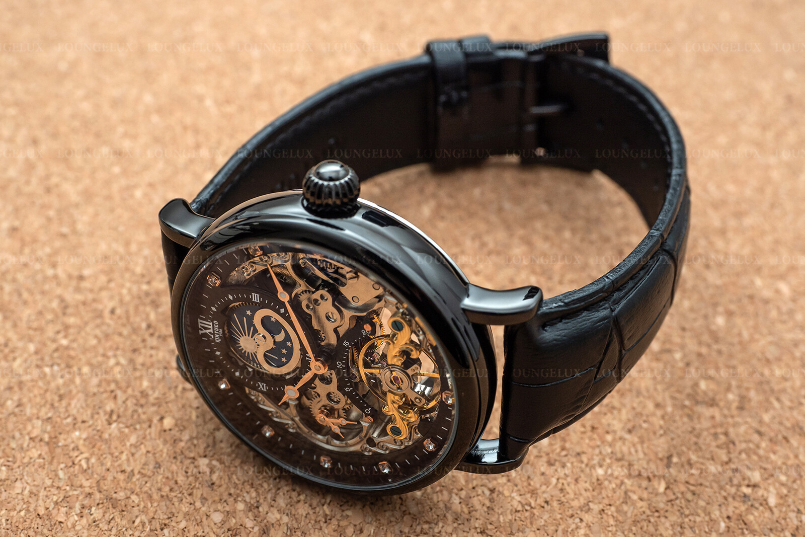 Mens Dual Time Flywheel Skeleton Automatic Mechanical Watch Black Leather Band