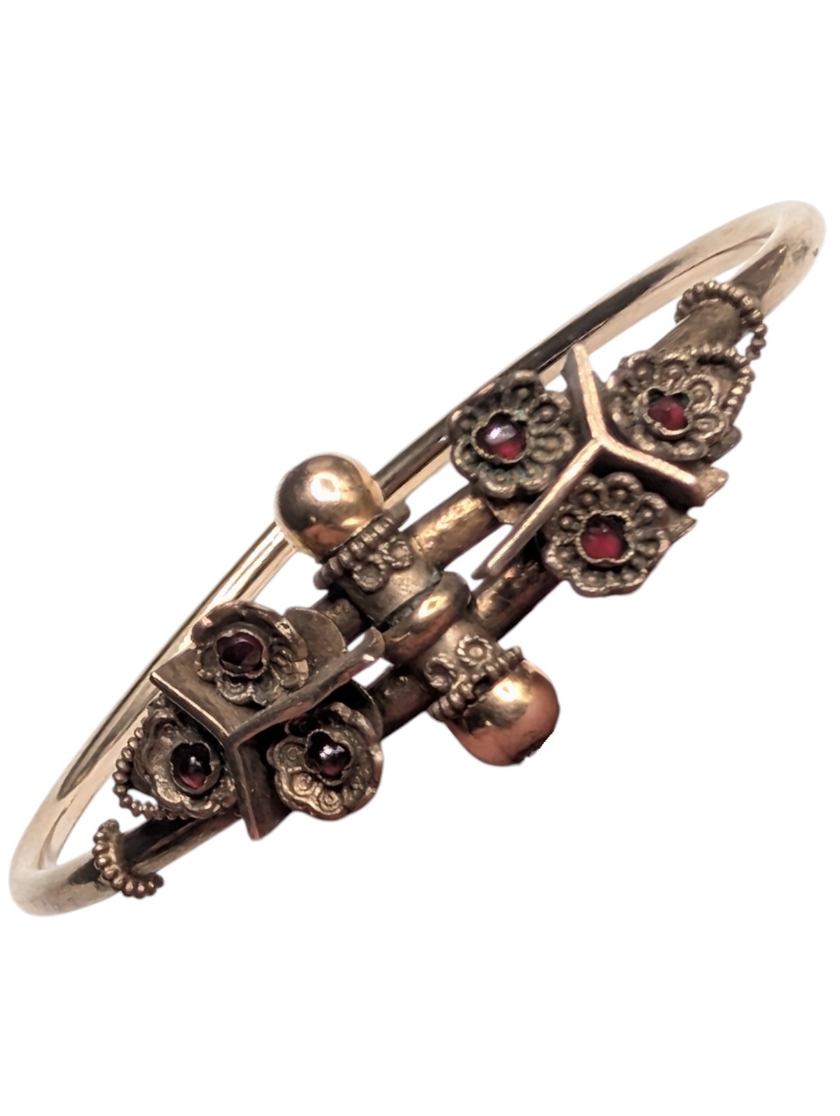 Victorian Antique Gold Filled Bohemian Rose Cut Garnet Glass Hinge Bracelet Read