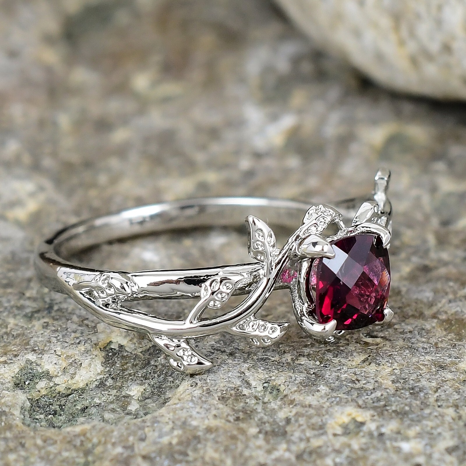 Rhodolite Garnet Ring 925 Sterling Silver Ring Leaf Ring For Women Wedding Ring