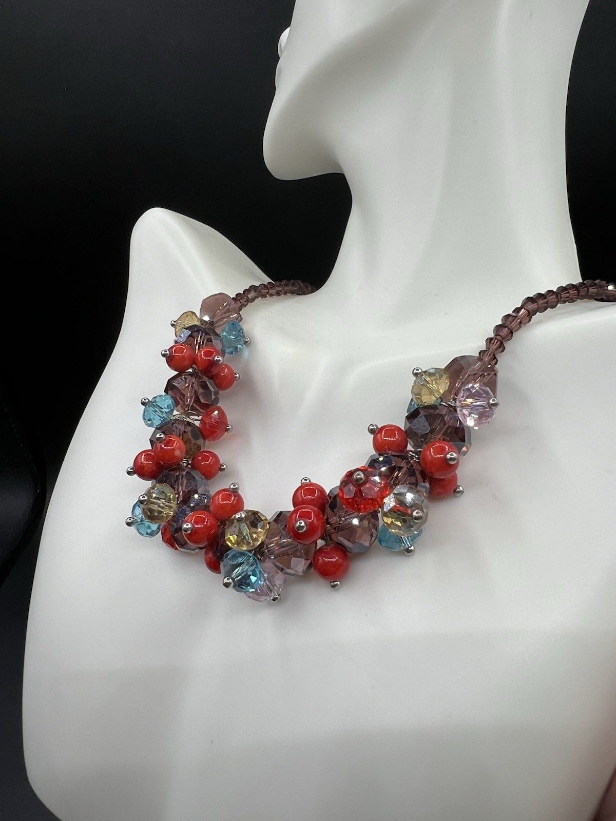 Faceted Glass Bead Cluster Necklace, 17”, 2” Extender
