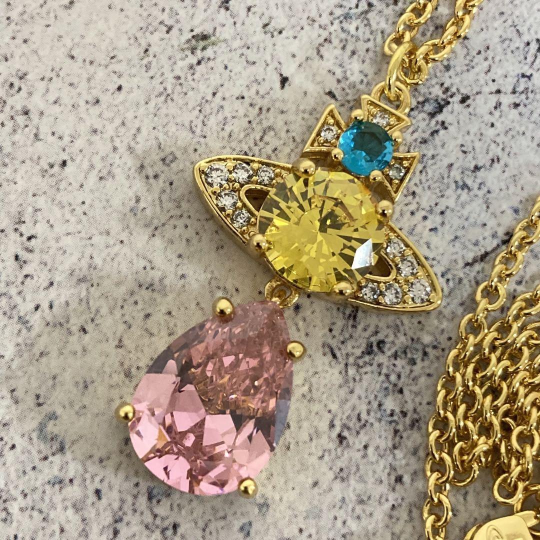 Vivienne Westwood Necklace Rhinestone Drop Multicolor Pink w/drawstring