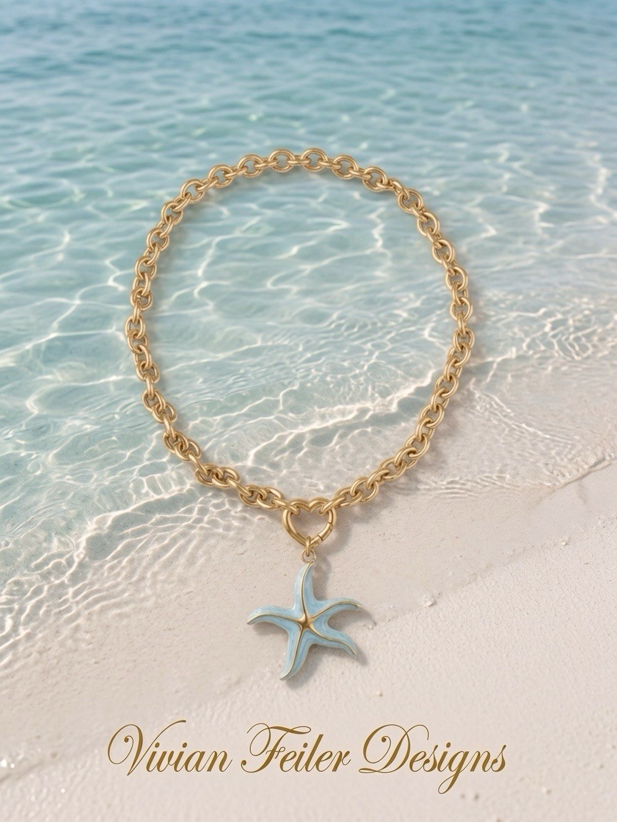Starfish Necklace Choker Gold Light Blue Enamel Stainless Steel Beach Summer