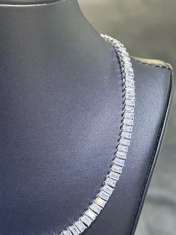 35CTW Created Emerald Cut Diamond Womens Tennis Necklace 14K White Gold Plated