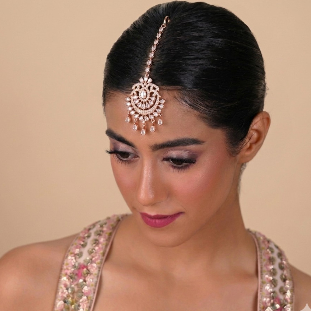 Rose Gold CZ Bridal Headpiece Maang Tikka Ethnic Jewelry for Women