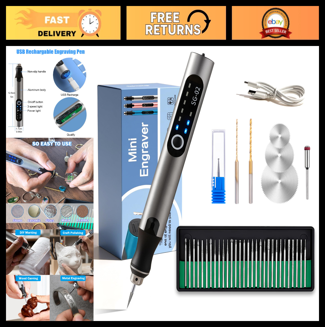 Mini Electric Engraving Pen – USB Rechargeable, 35 Bits, Cordless Rotary Tool fo