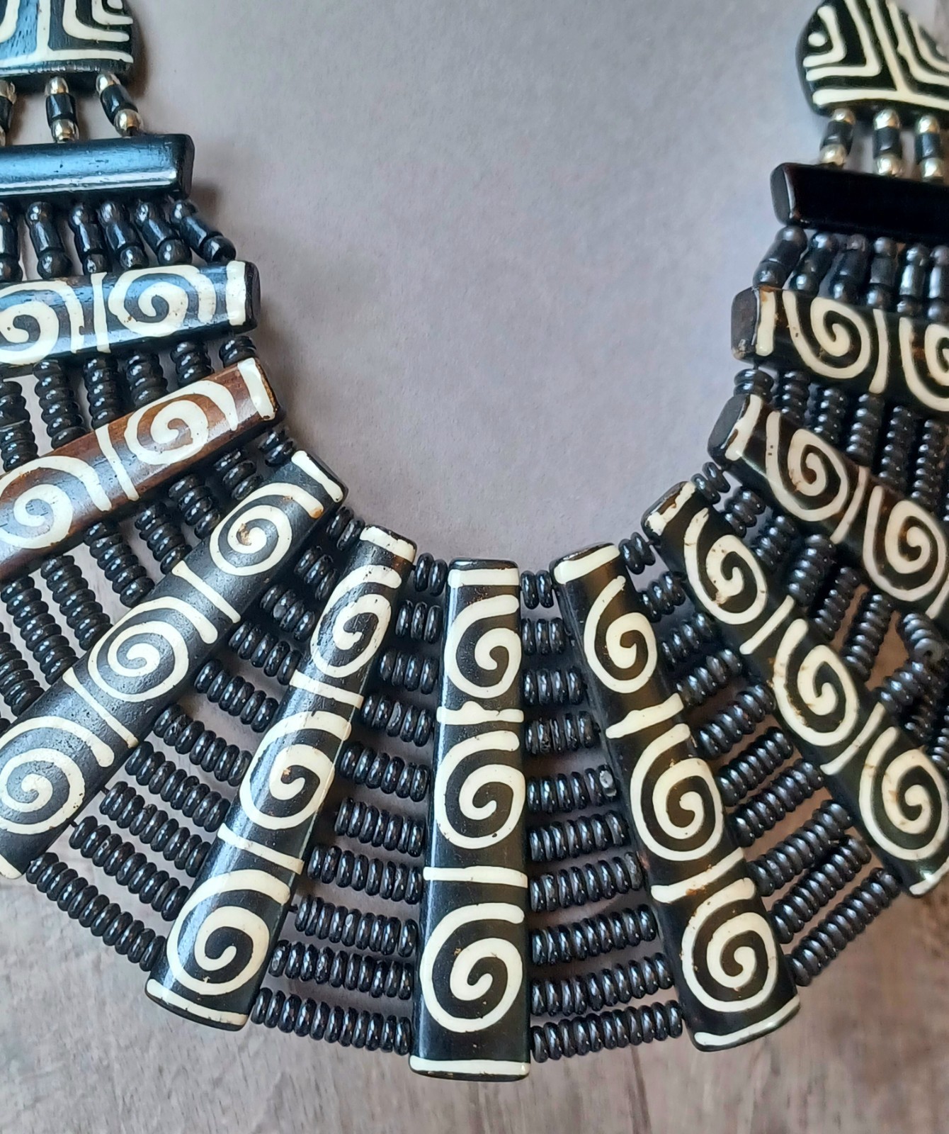 Vintage Tribal Black Cream Beaded Very Wide Bib Statement Necklace