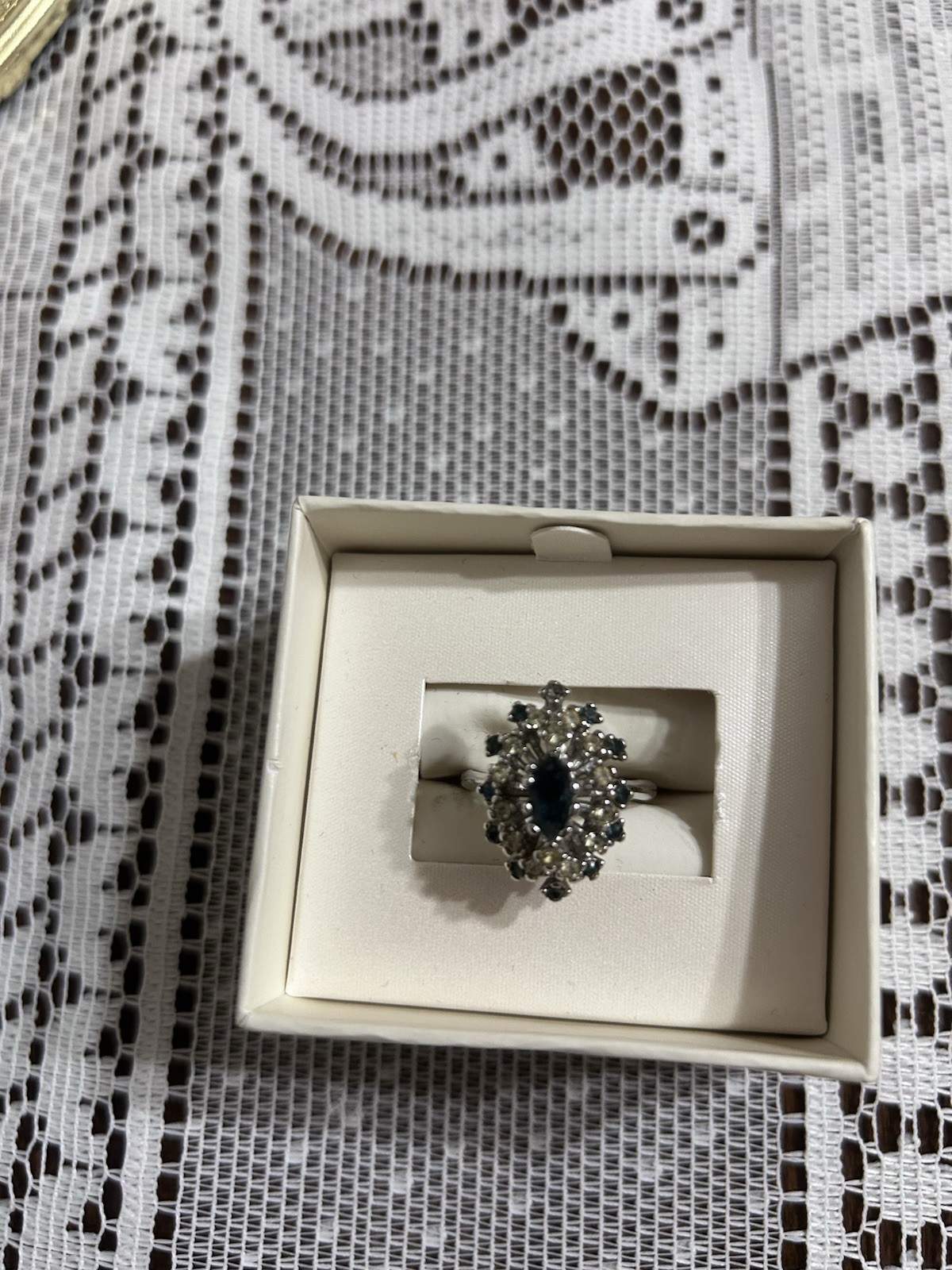 Vintage Art Deco Style Marquise Cut Blue Sapphire and rhinestones 18 kHGE Sz8