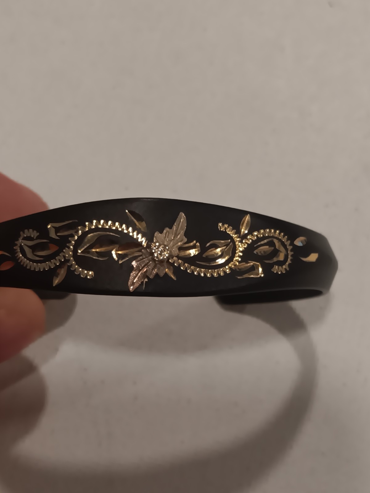 Landstrom’s Black Hills Gold Powder Coated Cuff Bracelet 10K Trim 12K Leaves.