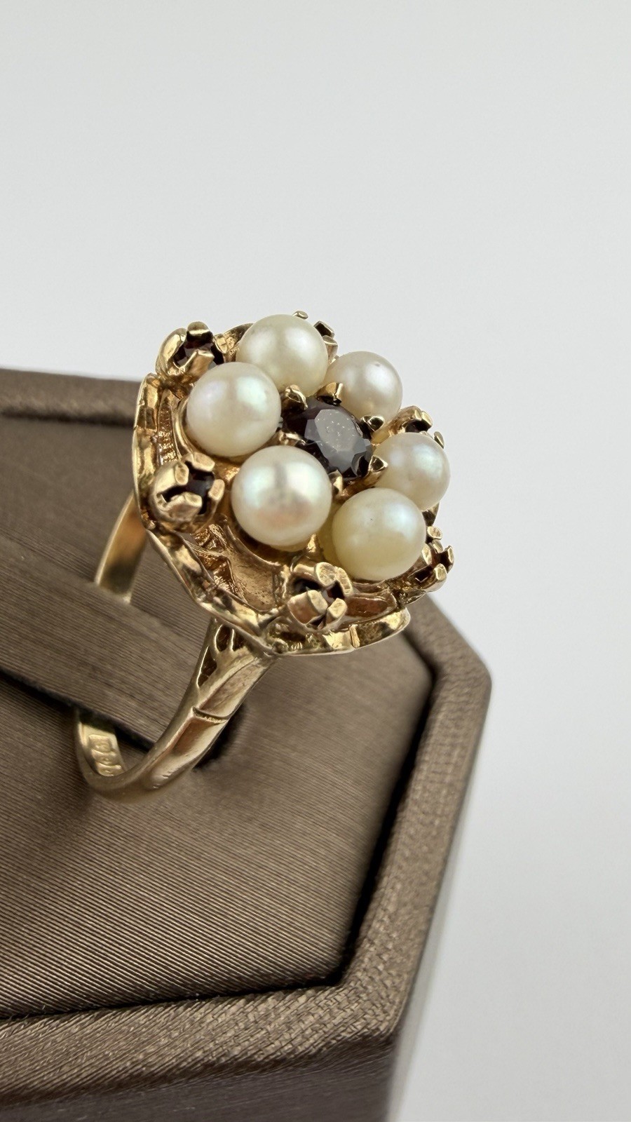 Pearl And Garnet 9ct Gold Ring , Vintage And Hallmarked Yellow Gold