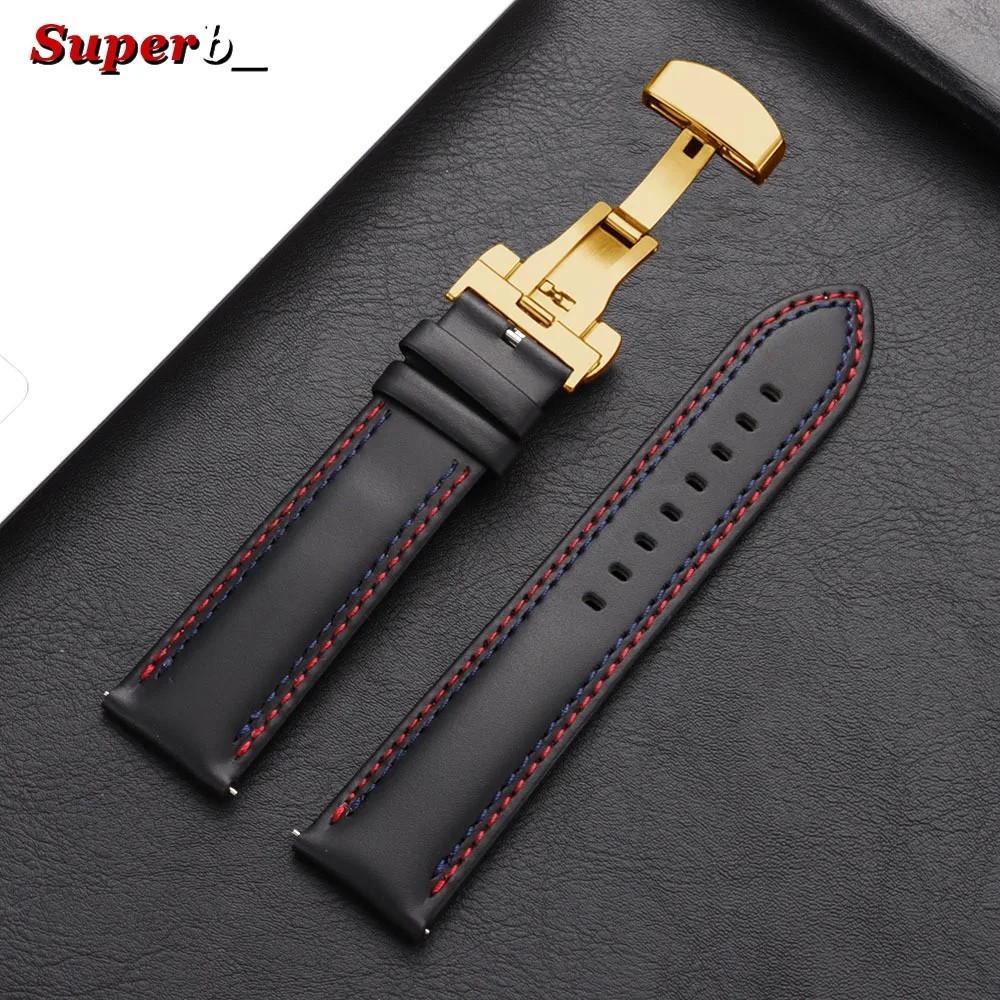 Genuine Calfskin Leather Watch Band 20mm 22mm 24mm Butterfly Buckle Strap