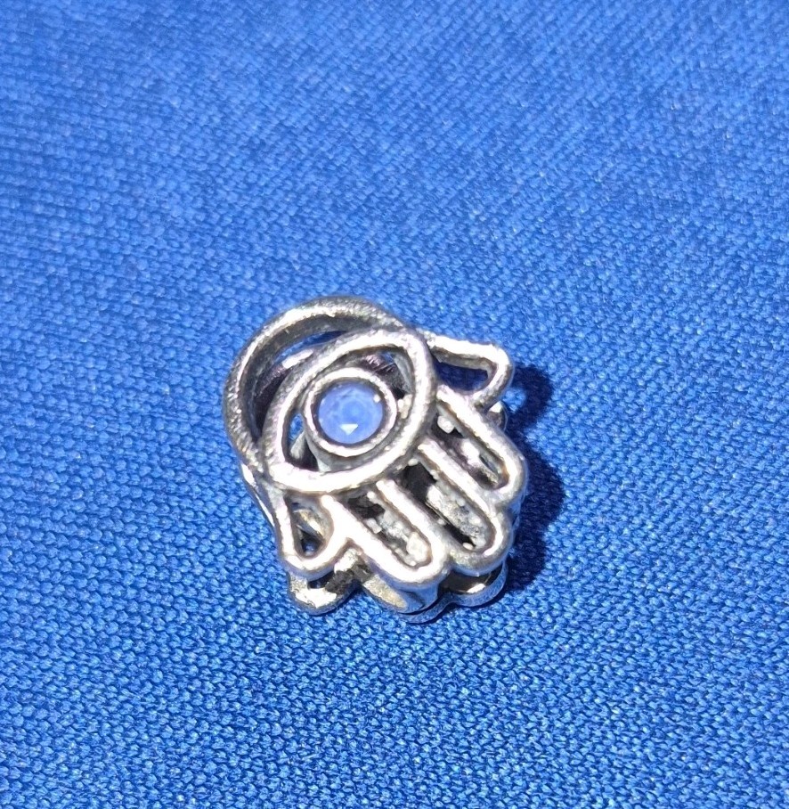 Ale, Silver Tone Openwork Hand/Hamsa Bead Charm, Blue Stone Accent Large Hole