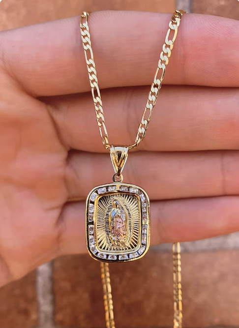 14K Gold Filled CZ Virgem Guadalupe Necklace Figaro Chain Cadena Mujer y Hombre