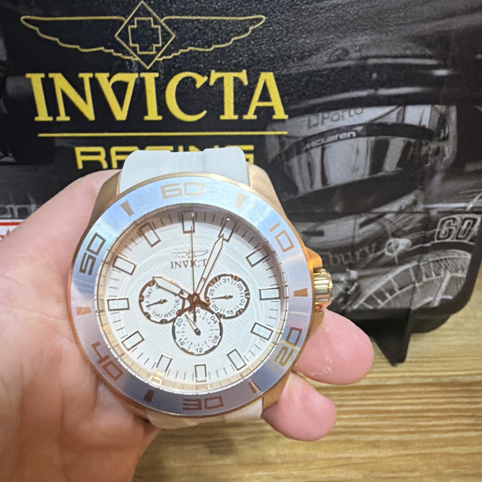 Invicta Pro Diver Men’s Quartz Date Day 24-Hour White Dial Gold Tone White Strap