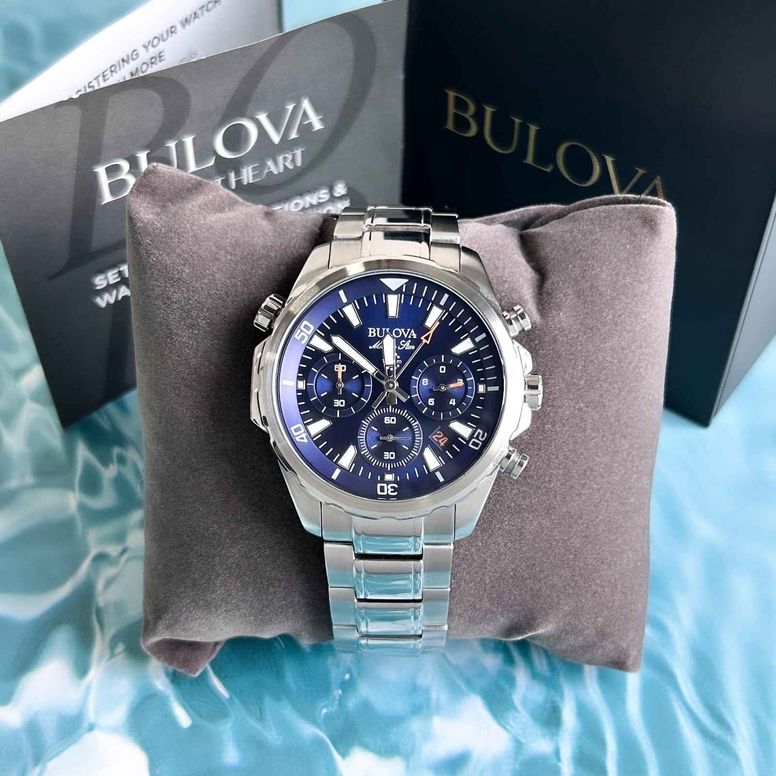 Bulova Classic Marine Star Chronograph Blue Dial Stainless Steel Men Watch 43MM