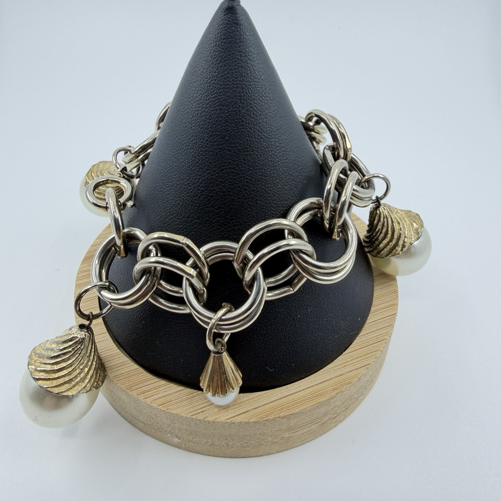 Signed Germany Chunky Chain Link Charm Bracelet Faux pearl Ribbed Hardware