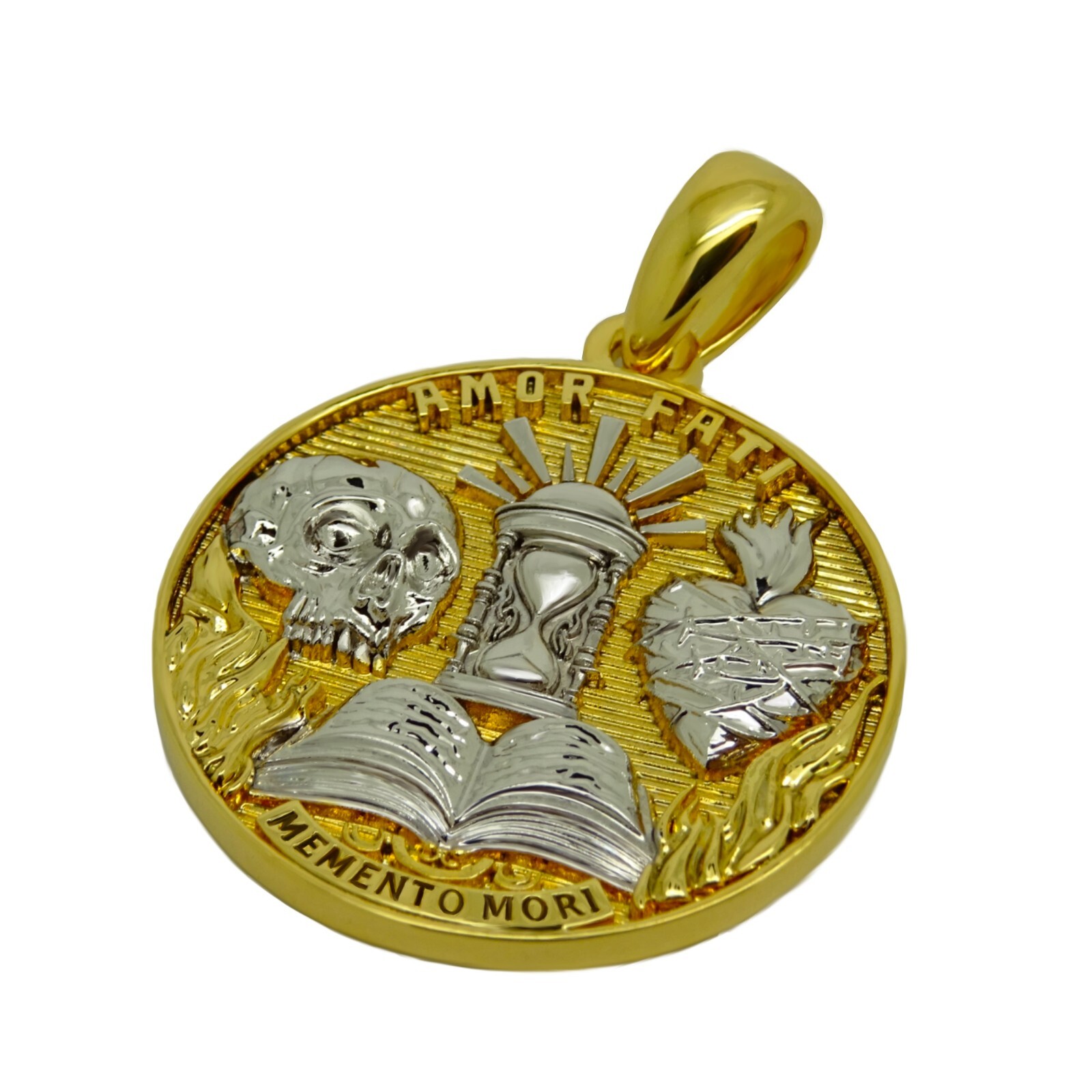 Amor Fati Memento Mori Stoic Medallion Pendant Necklace Gold Plated with Chain