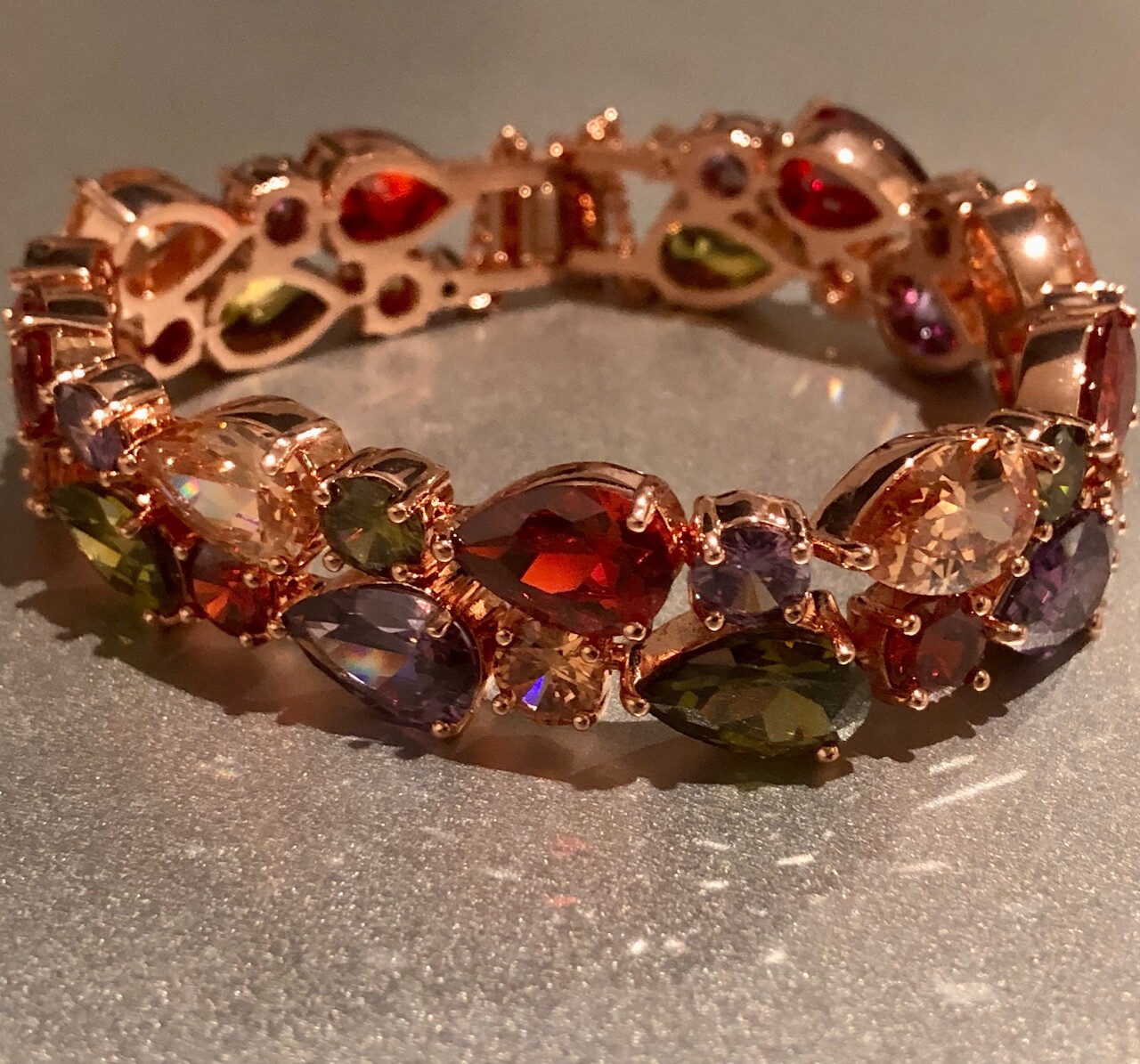 18k Rose Gold Filled Multicolor Tennis Bracelet made w Swarovski Crystal 6.5”