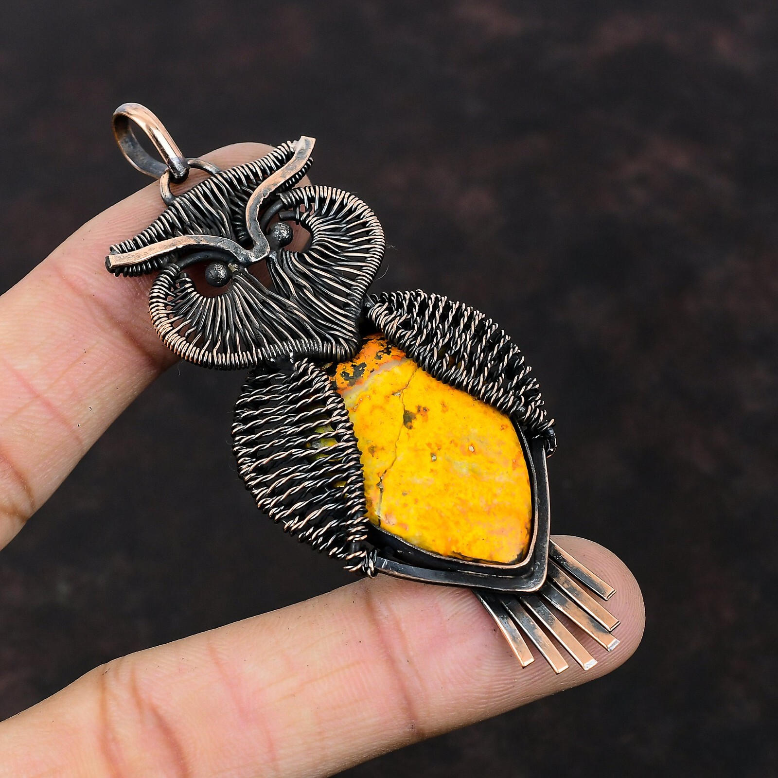 Bumble Bee Jasper Jewelry Copper Mum Gift Wire Wrapped Owl Pendant 3.35″
