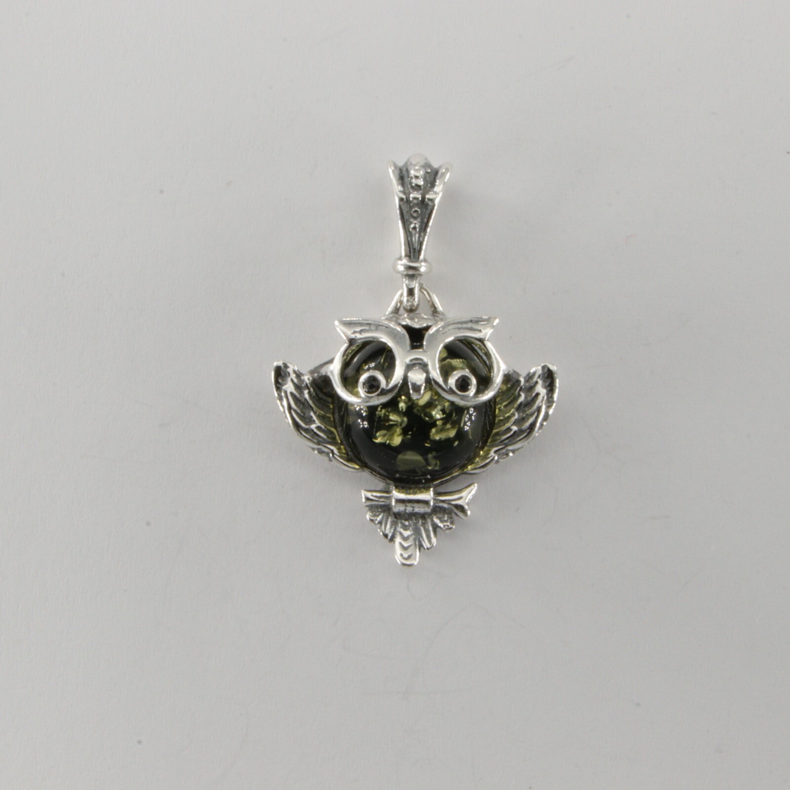 Green BALTIC AMBER Smart Owl Pendant 925 STERLING SILVER Poland #3512e