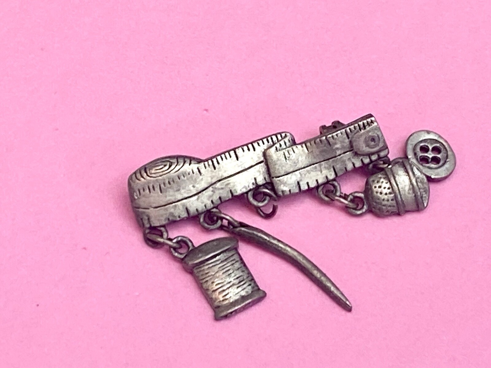 Sewing Theme Brooch Pin Pewter Thimble Button Spool Charms (Missing One) JJ
