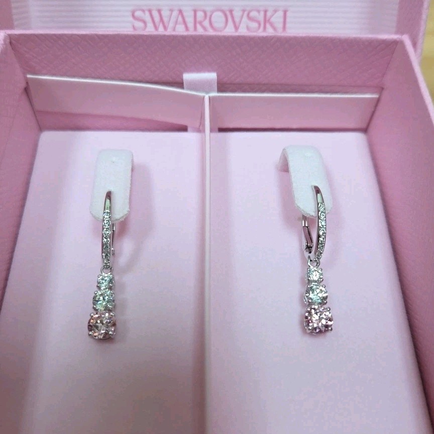 Swarovski Stilla Attract Drop Earrings, Round Cut Pink, Rhodium Finished 5691073