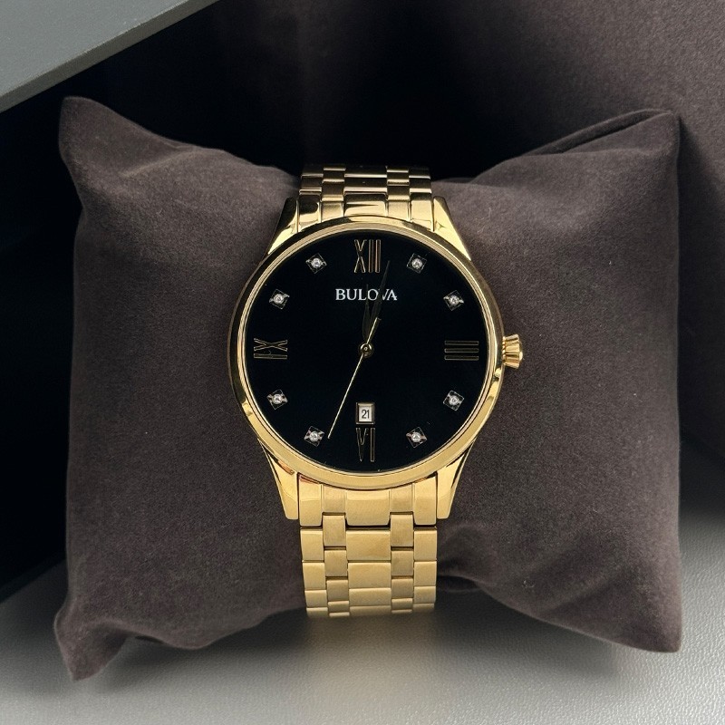Bulova Classic 97D108 Black Diamond Dial Gold-Tone Bracelet Men’s Quartz Watch