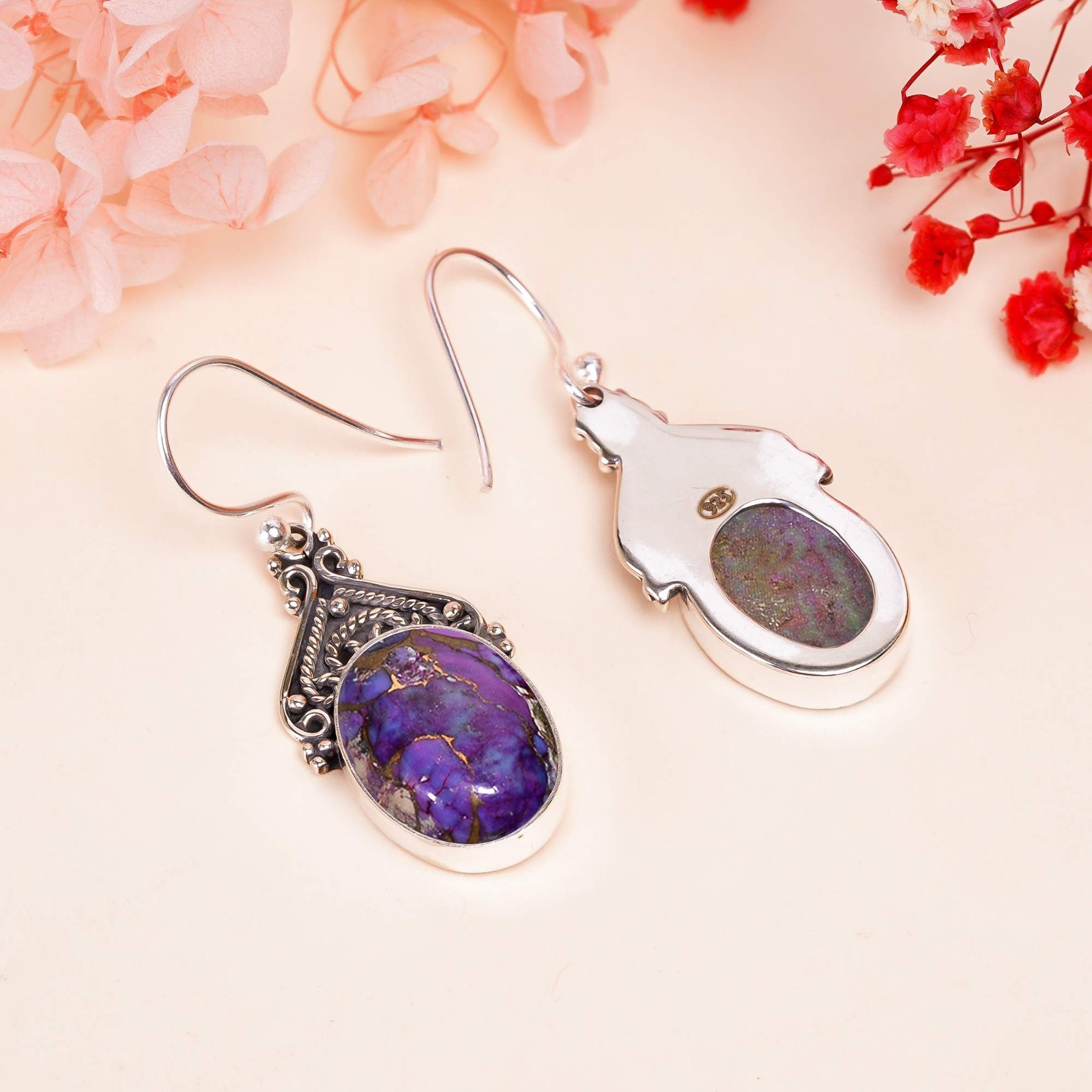 Composite Copper Purple Turquoise 925 Silver Dangle Drop Earring “Cabochon Cut”