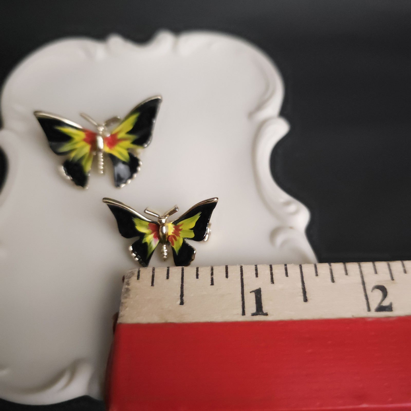 Vintage Black Yellow Red Enamel Butterfly Scatter Pins Brooch Set 2 Whimsy Fairy