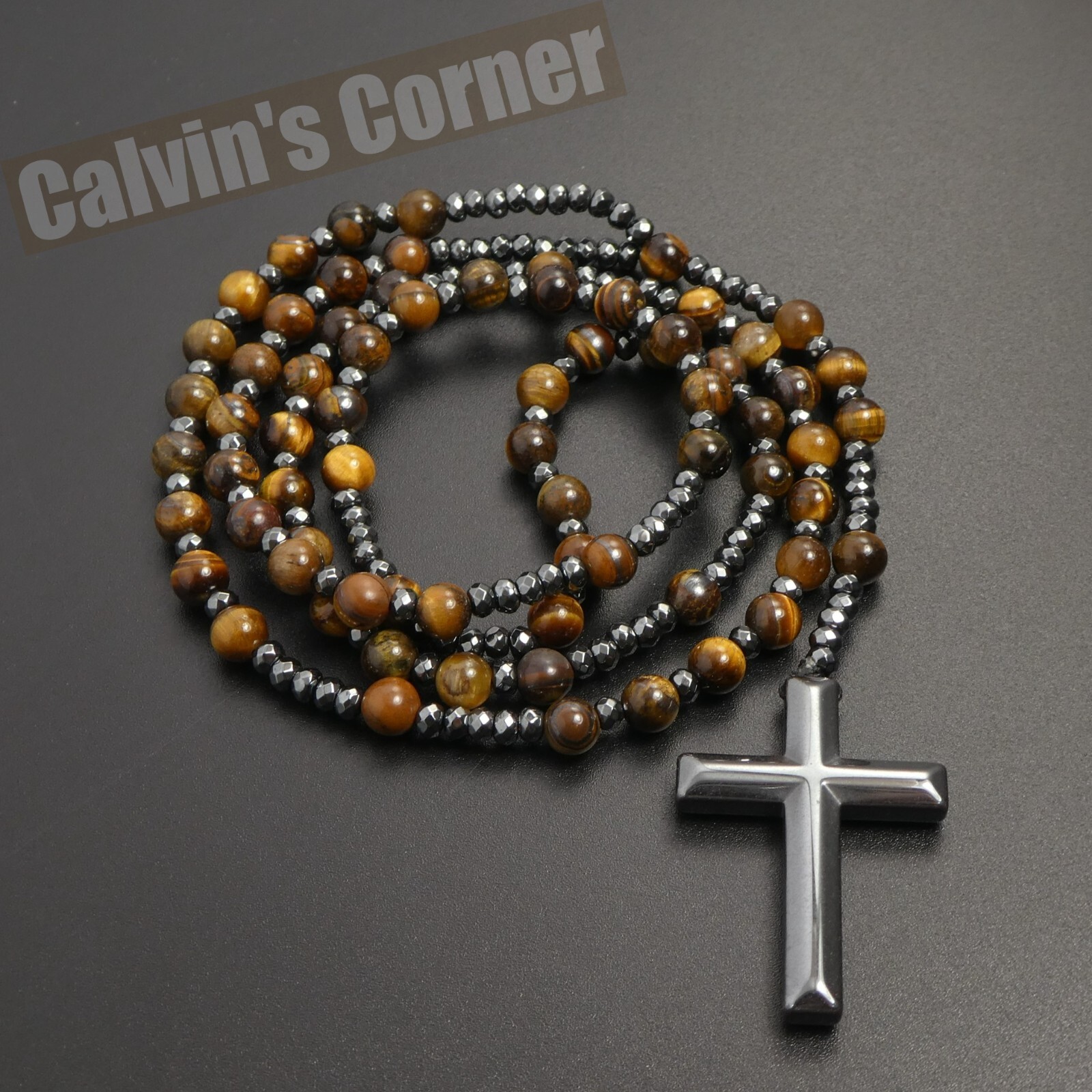 Tiger Eye Black Hematite Rosary Necklace Catholic Christ Cross Men Women Gift