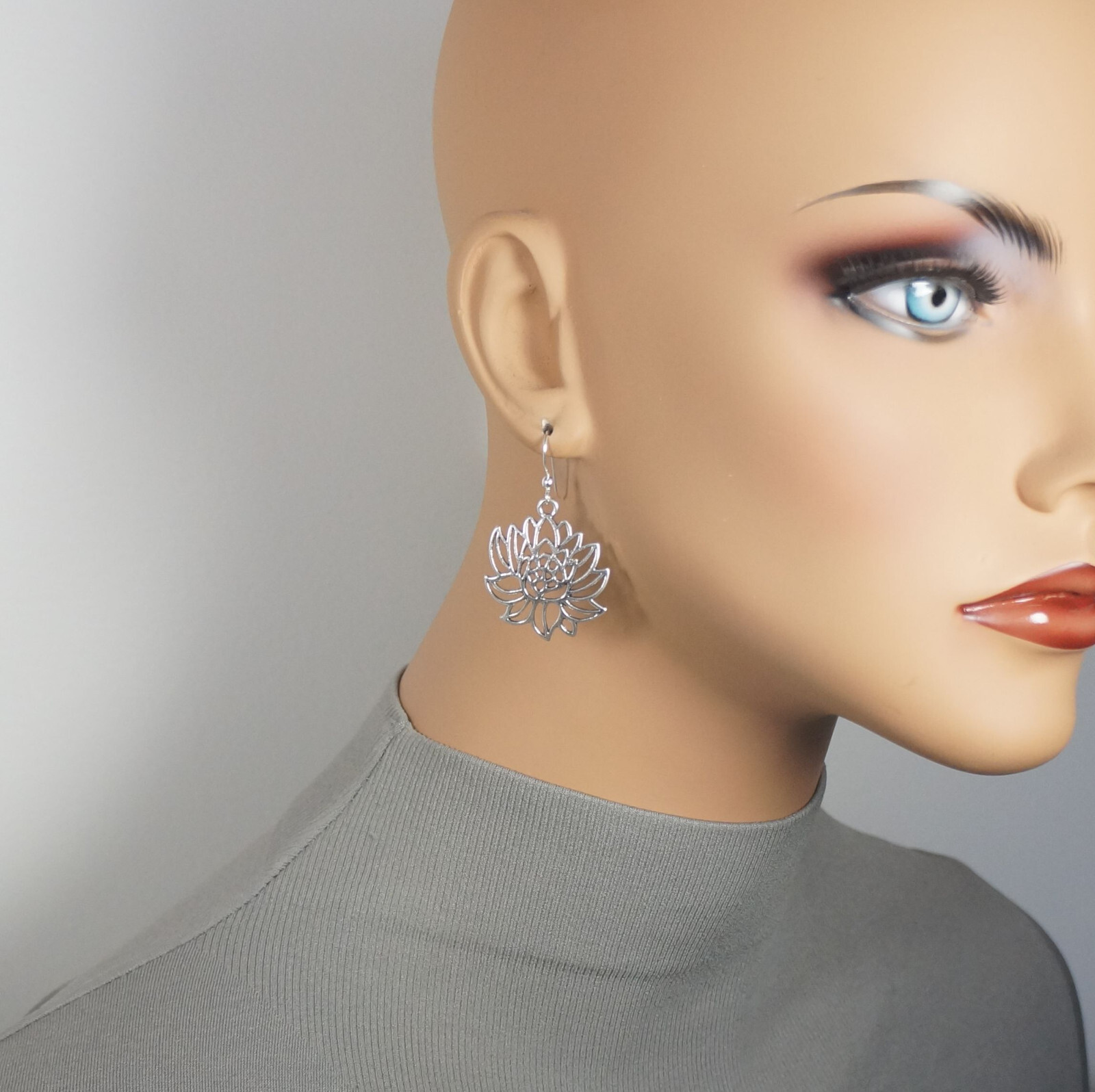 Silver Lotus Flower Dangle Earrings, Nickel Free, .925 Sterling Silver Ear Wires