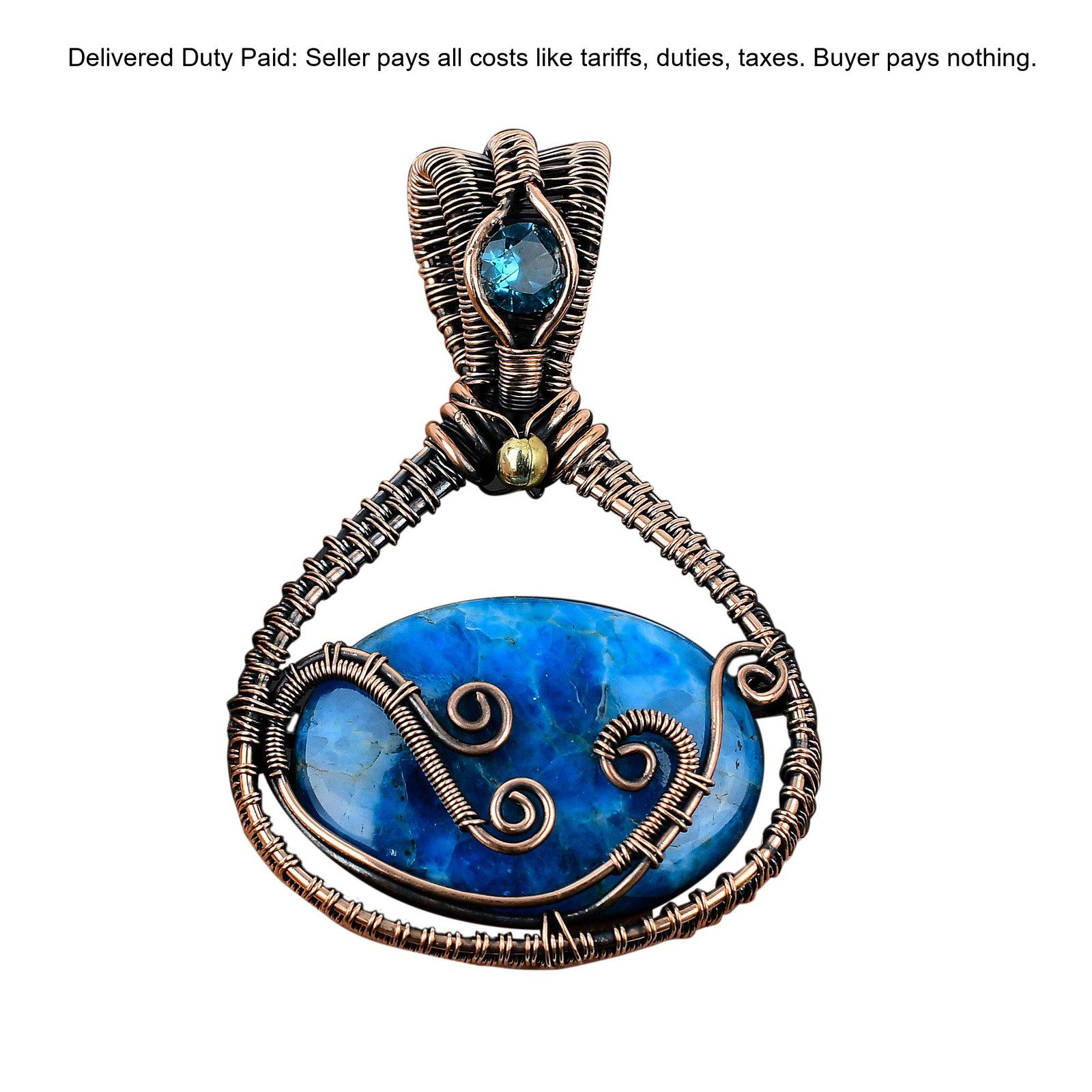 Copper Oval Neon Apatite Gemstone Swiss Blue Topaz Wire Wrapped Mother Pendant