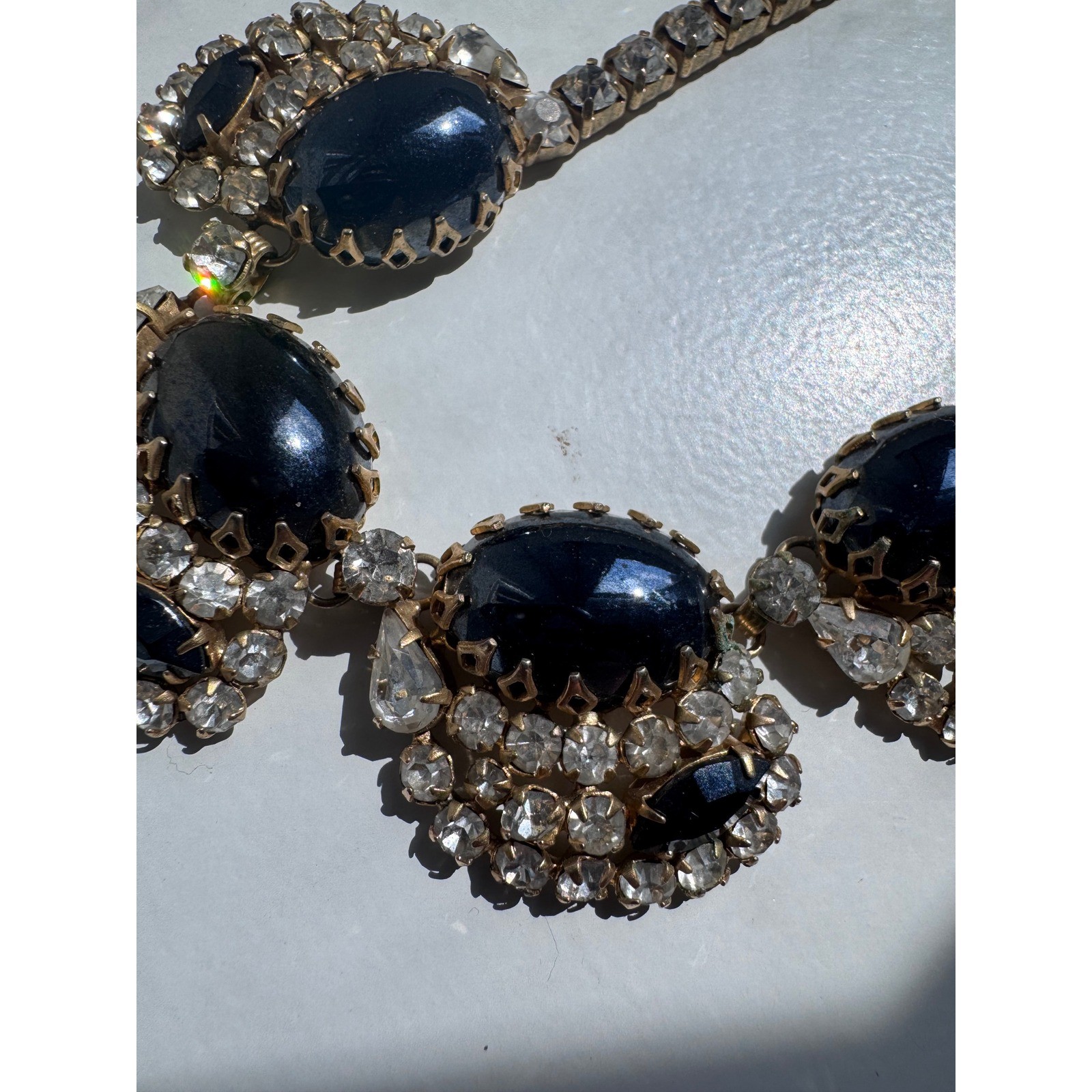 Vintage 1960s Gray Cabochon Rhinestone Statement Necklace Gold Tone 40g