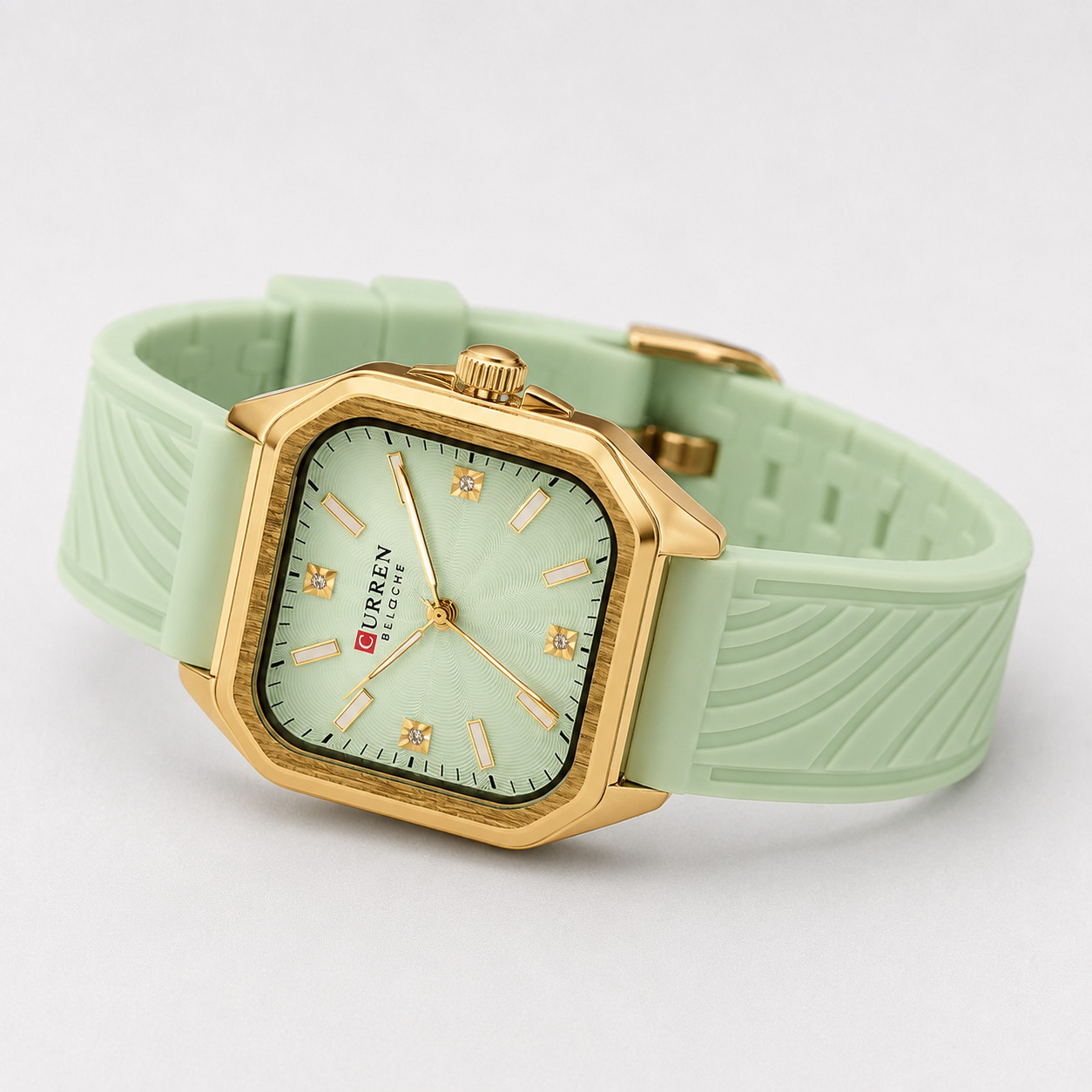 CURREN Women’s Mint Green Silicone Strap Watch Gold Square Quartz 3ATM