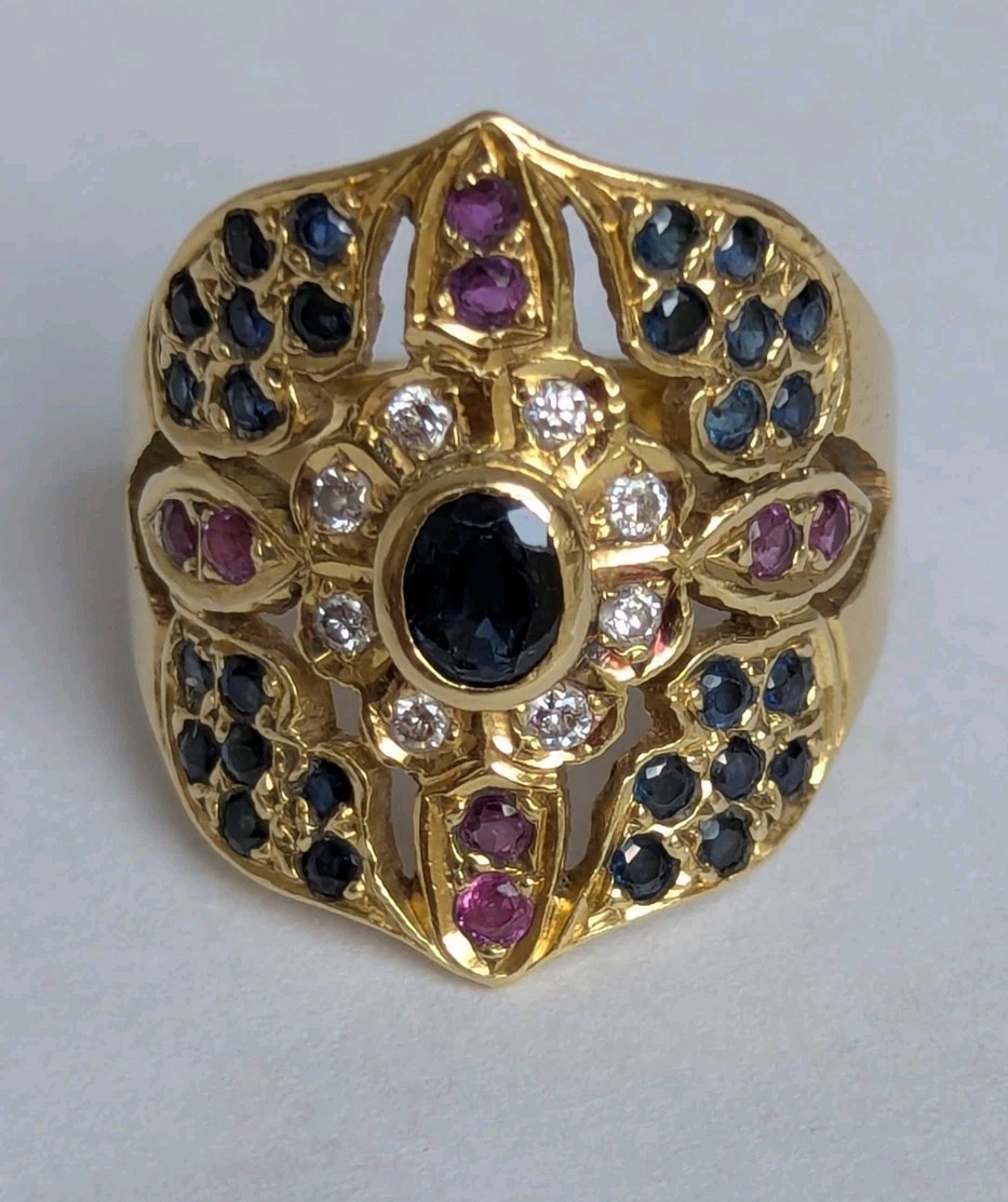 Vintage 18K Yellow Gold Multi-Gemstone Byzantine Etruscan Shield Ring 10.8g