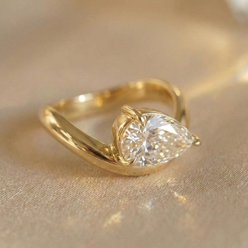 East West 2.0 CT Pear Cut Moissanite Solitaire 14K Gold Curved Ring For Her