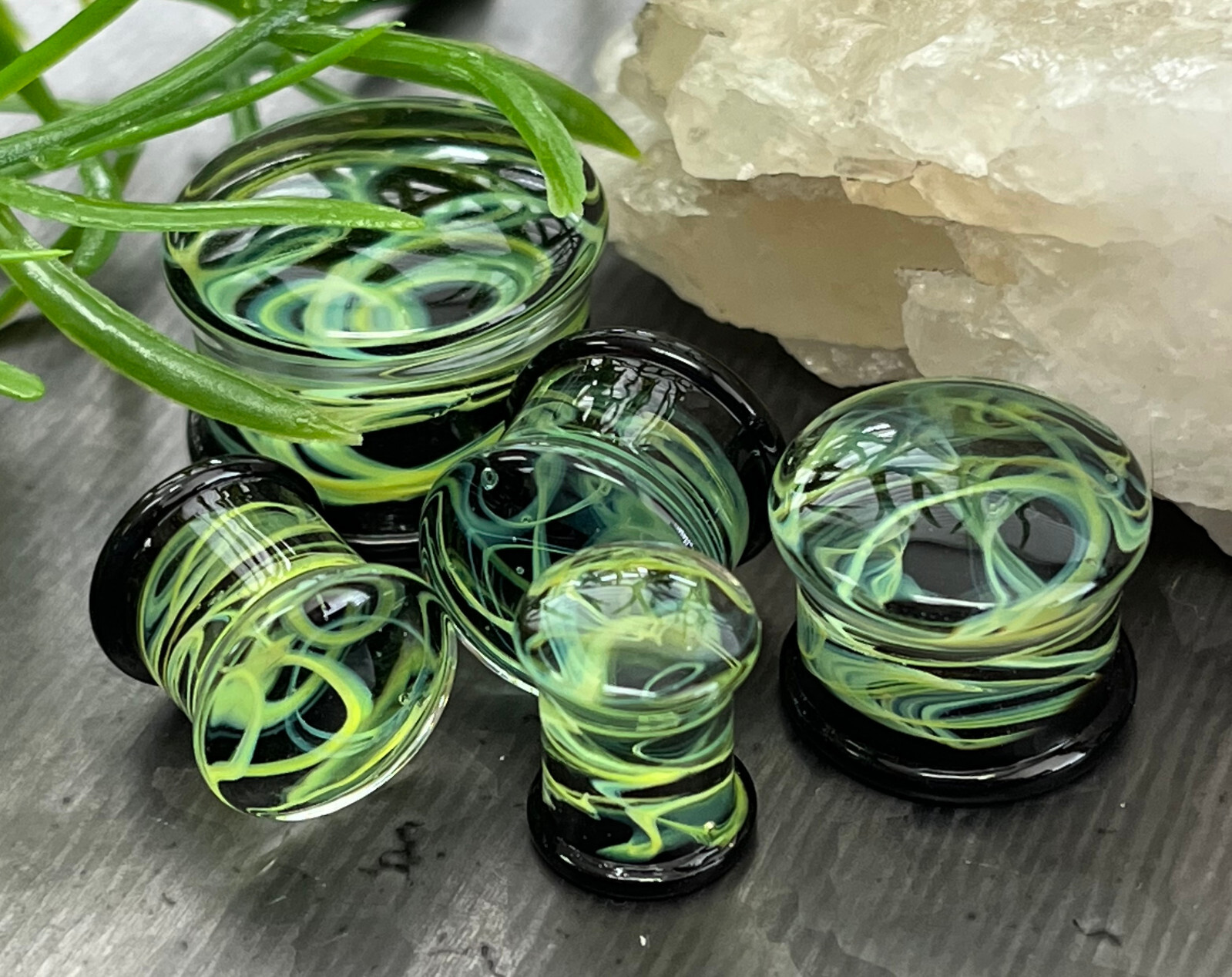 PAIR of Green Swirling Smoke Style Pyrex Glass Double Flare Plugs Body Jewelry