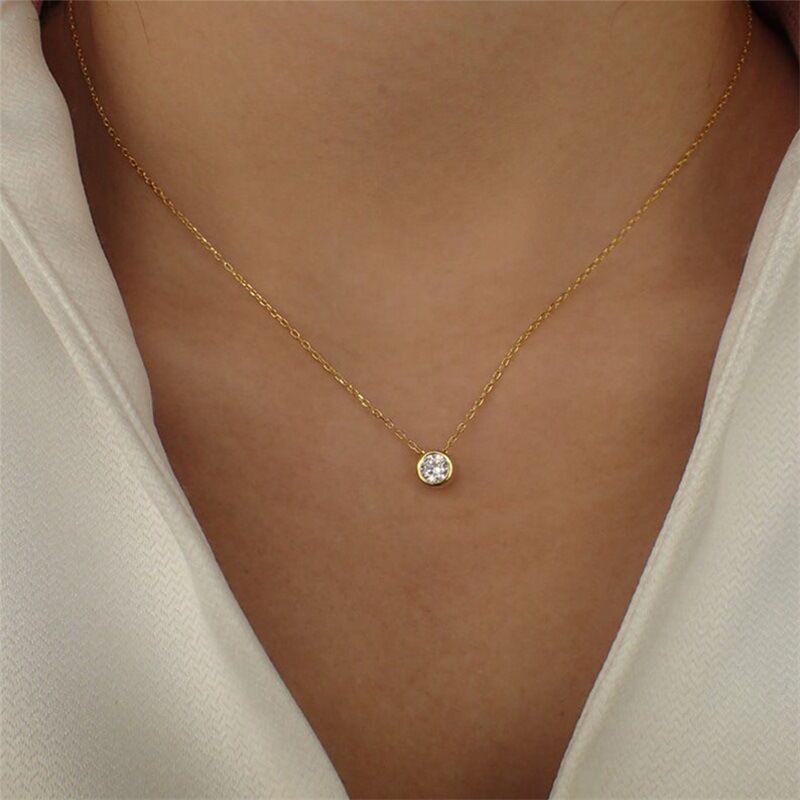 12 Colors Woman 14K Gold Plate Multicolor CZ Round Pendant Charm Chain Necklace