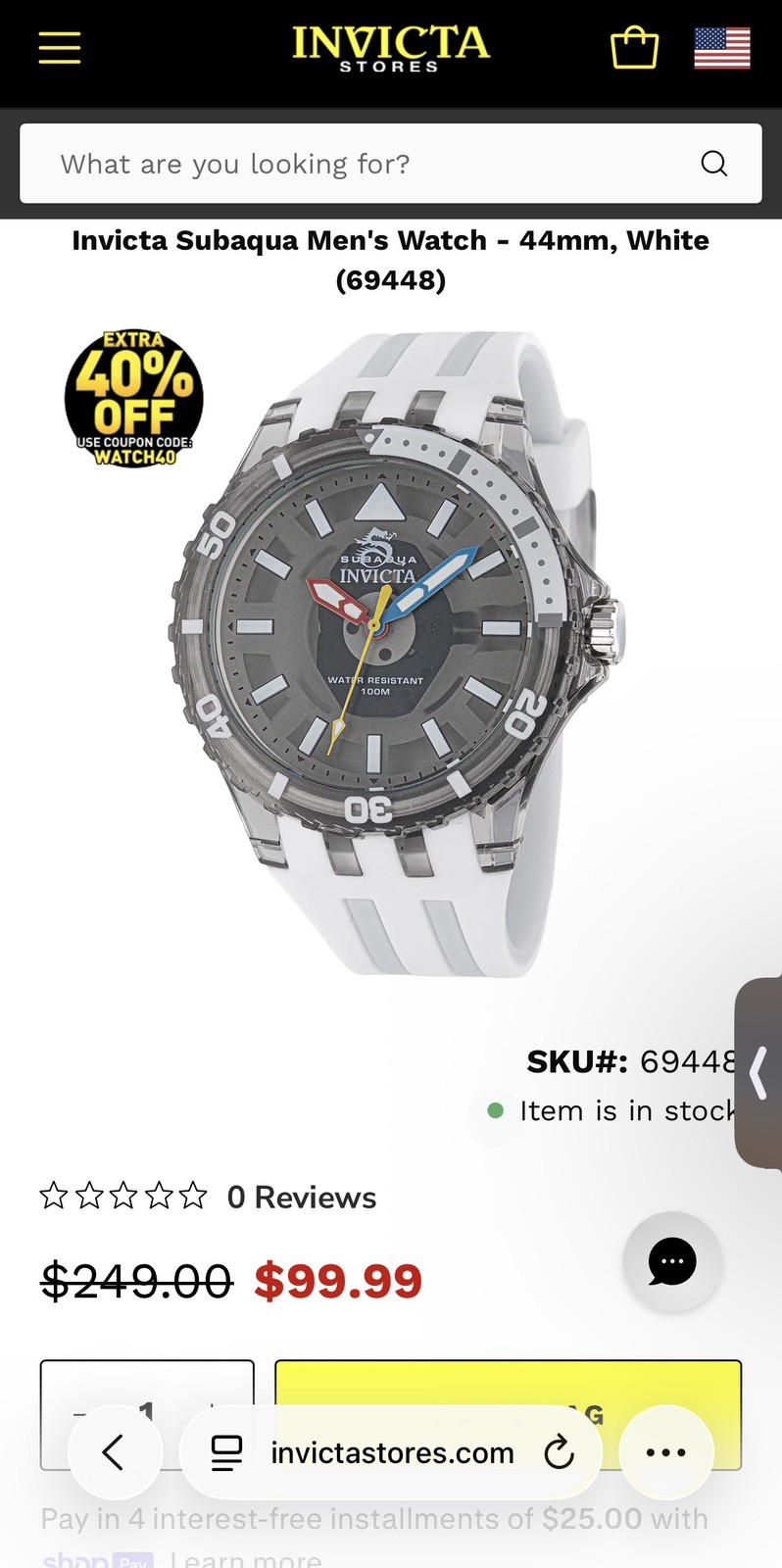 Invicta Subaqua 69448 White/Gray & 69447 Black/Gray-Both New w/ Box Tags-Lot(2)