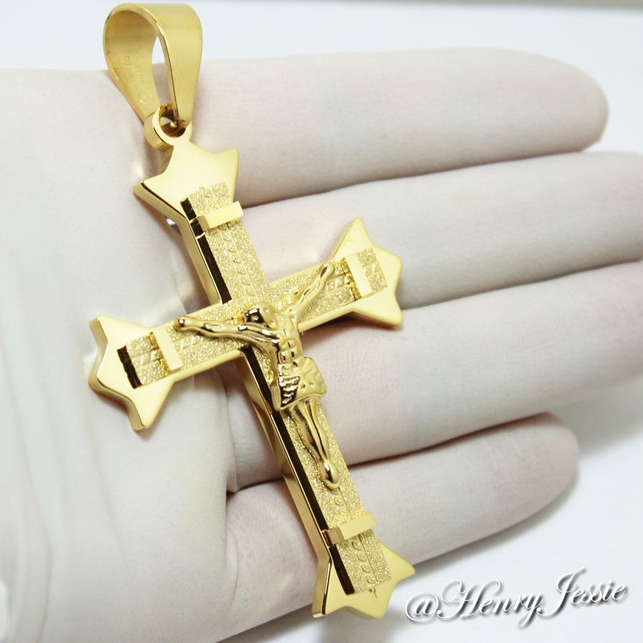 18″-40″MEN Stainless Steel 9mm Gold Plated Cuban Curb Chain Cross Pendant*GJ28