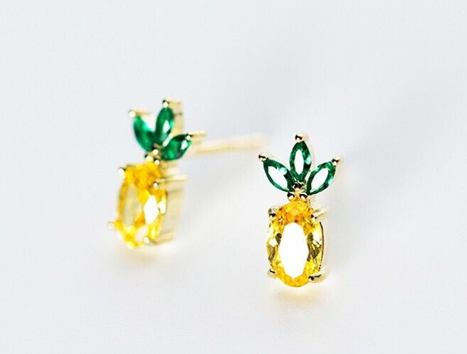 Gold Pinapple Stud Earrings, CZ Stone Stud, Pinapple Pandent Chain Necklace