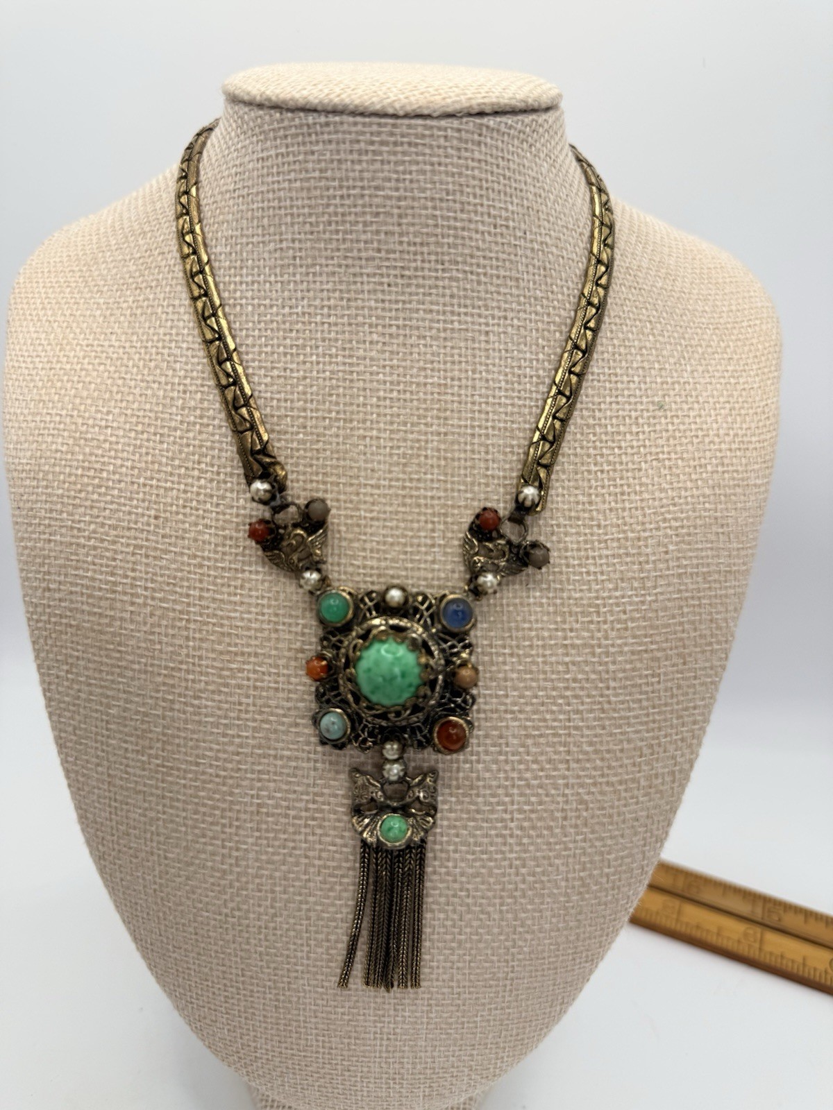 Antique 1920s Czech Peking Glass Brass Necklace Art Deco Neiger Era 14”