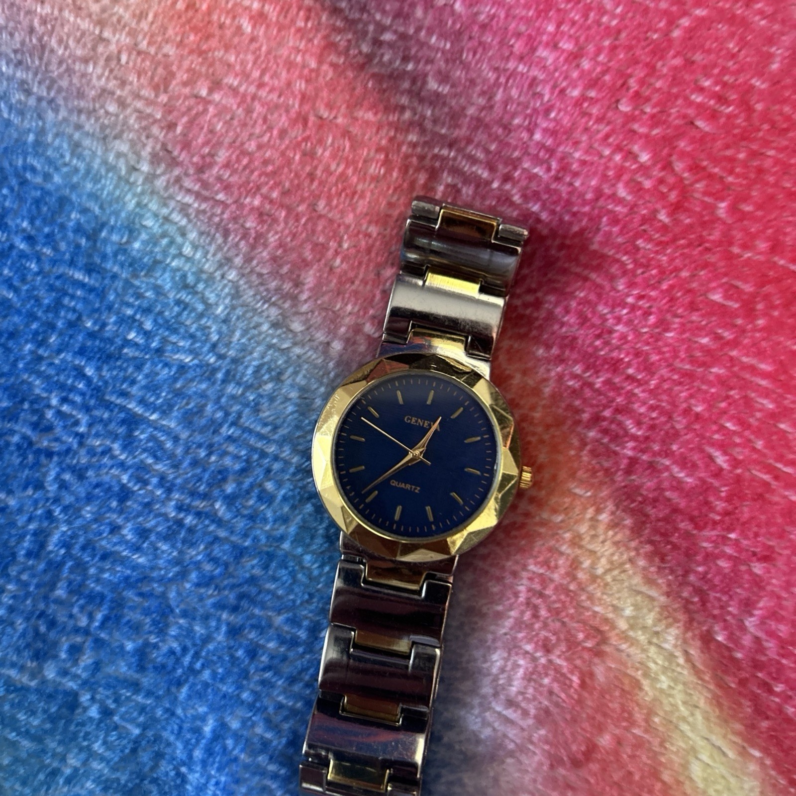 Geneva Quartz Blue Face and Gold and Silver Tone Band Watch