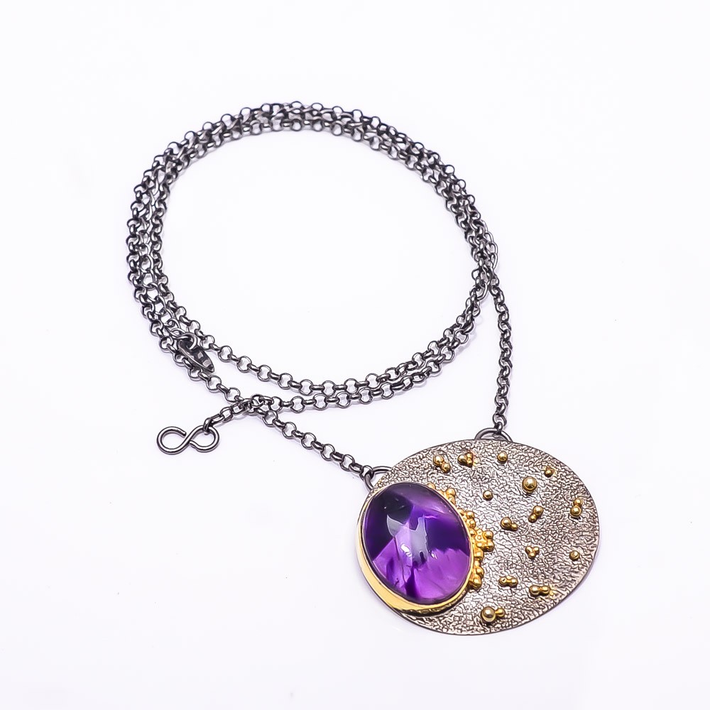Trapiche Amethyst Black And Gemstone Gold Rhodium 925 Silver Necklace 19.99″ N46