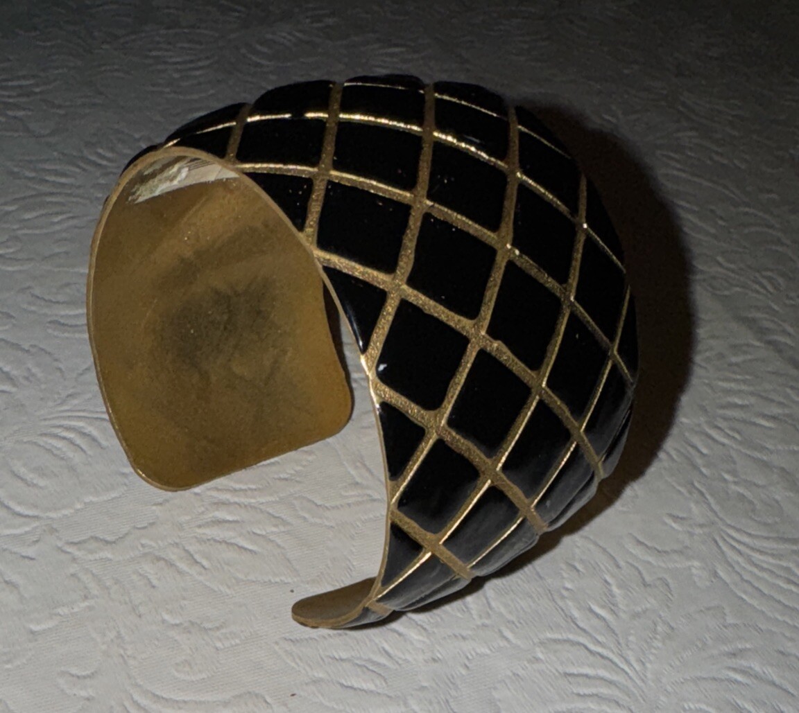 Wimberly Cuff Bracelet Quilted Enamel Black Gold Crosshatch Fortunoff New Vtg