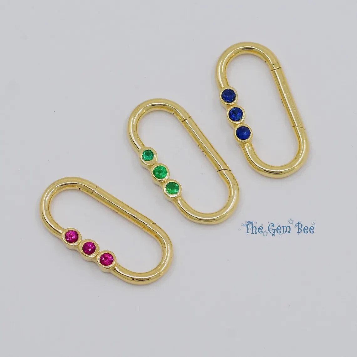 10mmx21.5mm 14K Yellow Gold Blue Sapphire Charm Holder Snap Lock Carabiner