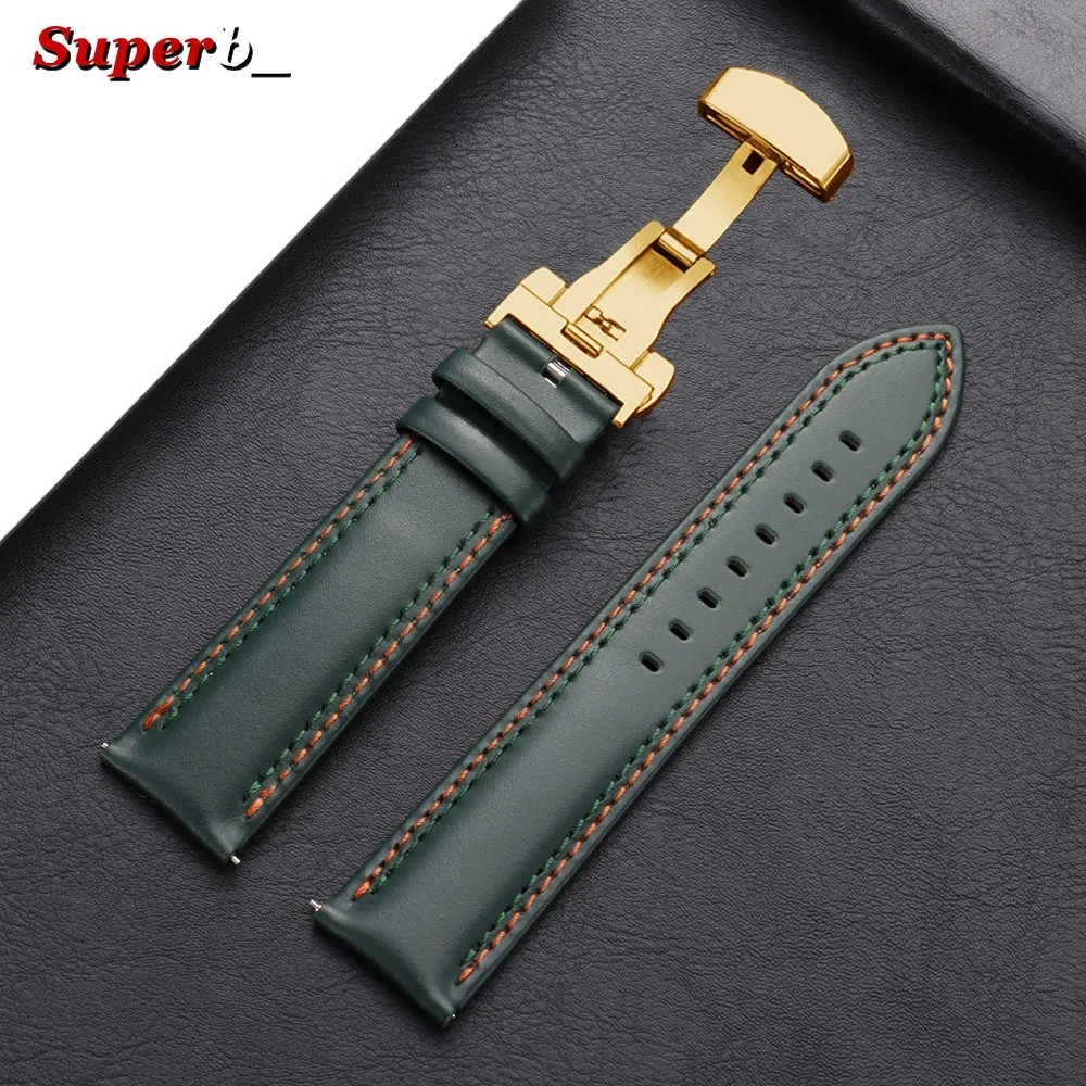 Genuine Calfskin Leather Watch Band 20mm 22mm 24mm Butterfly Buckle Strap