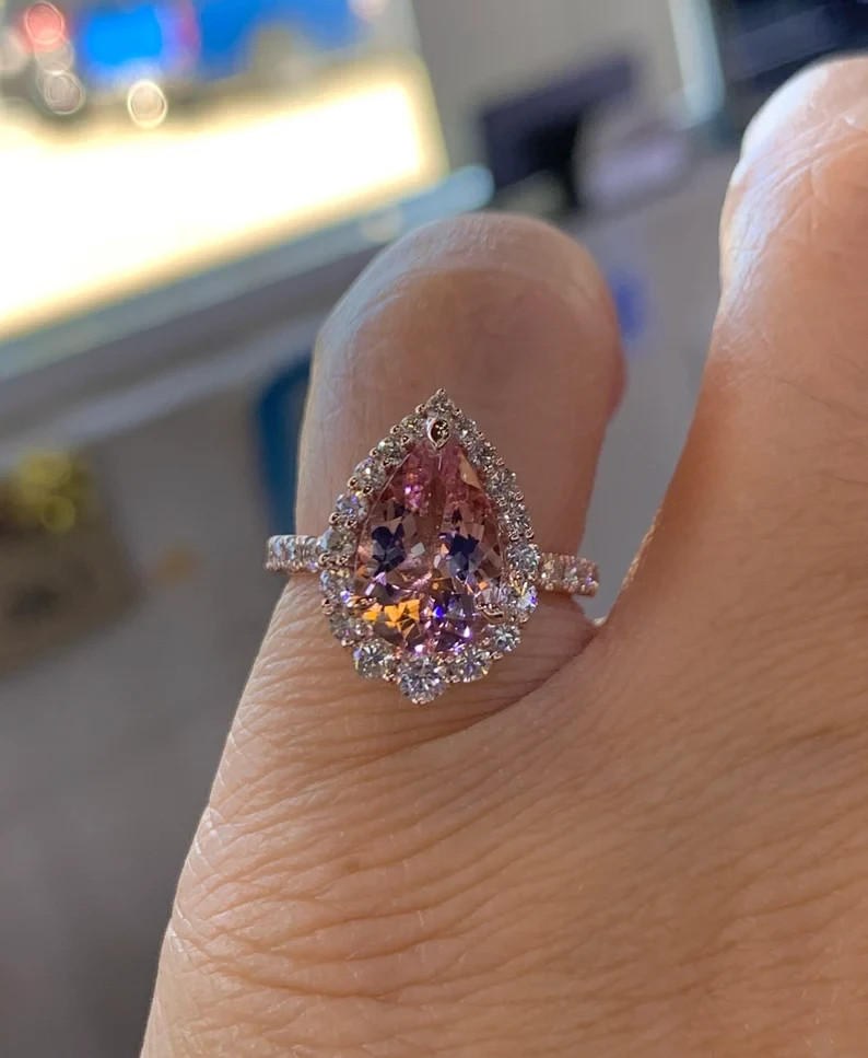 3.20Ctw Pear Cut Lab-Created Morganite Engagement Ring 14K Yellow Gold Plated
