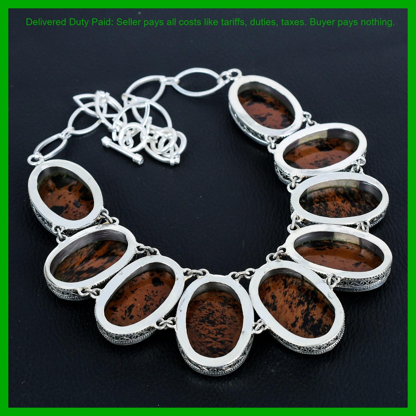 Sterling Silver Mahogany Obsidian Stone Chain New Vintage Bezel Necklace Jewelry