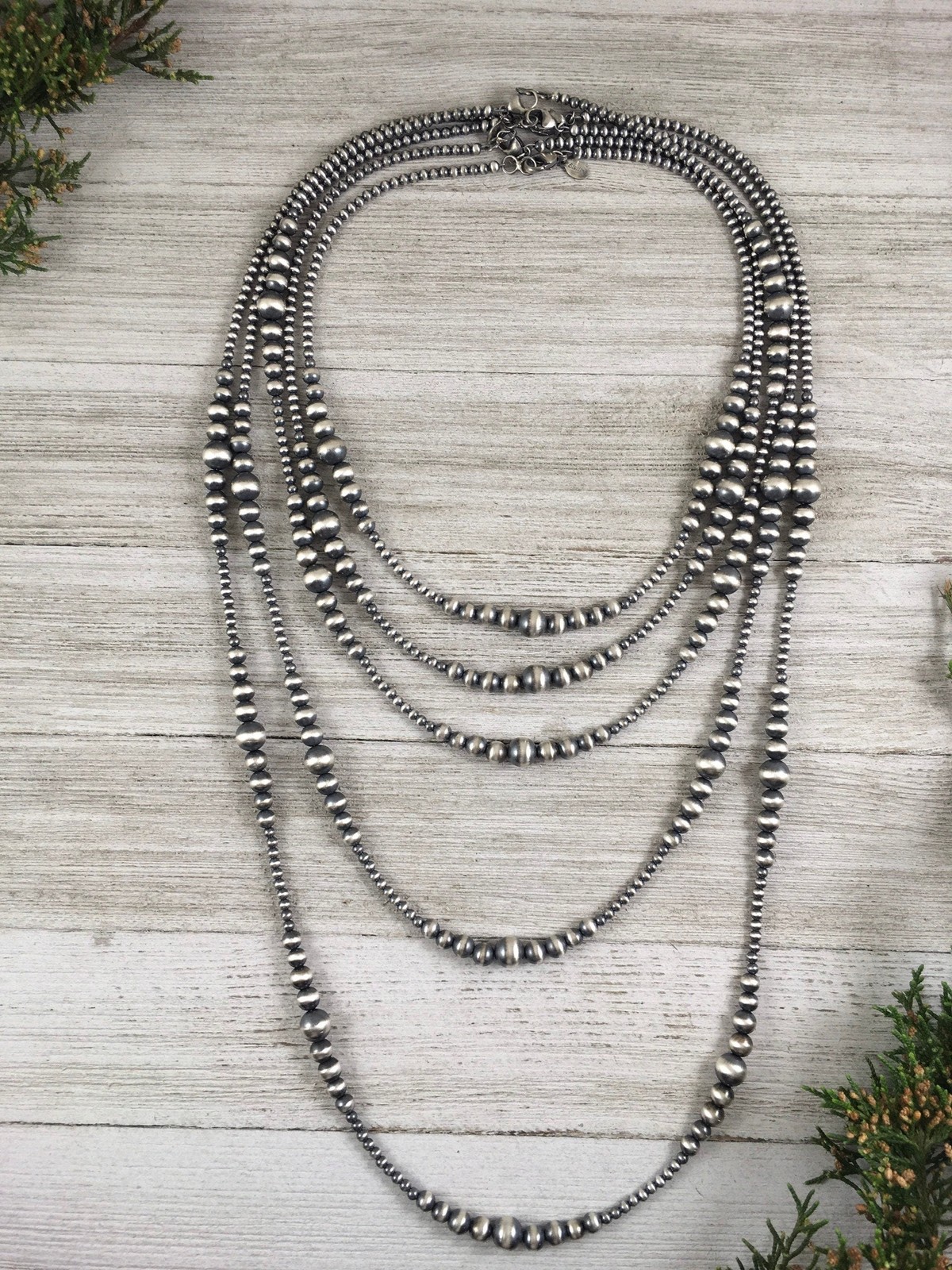 Sterling Silver Southwest Pearls, Graduated BOHO Bead Necklace, Western Oxidize