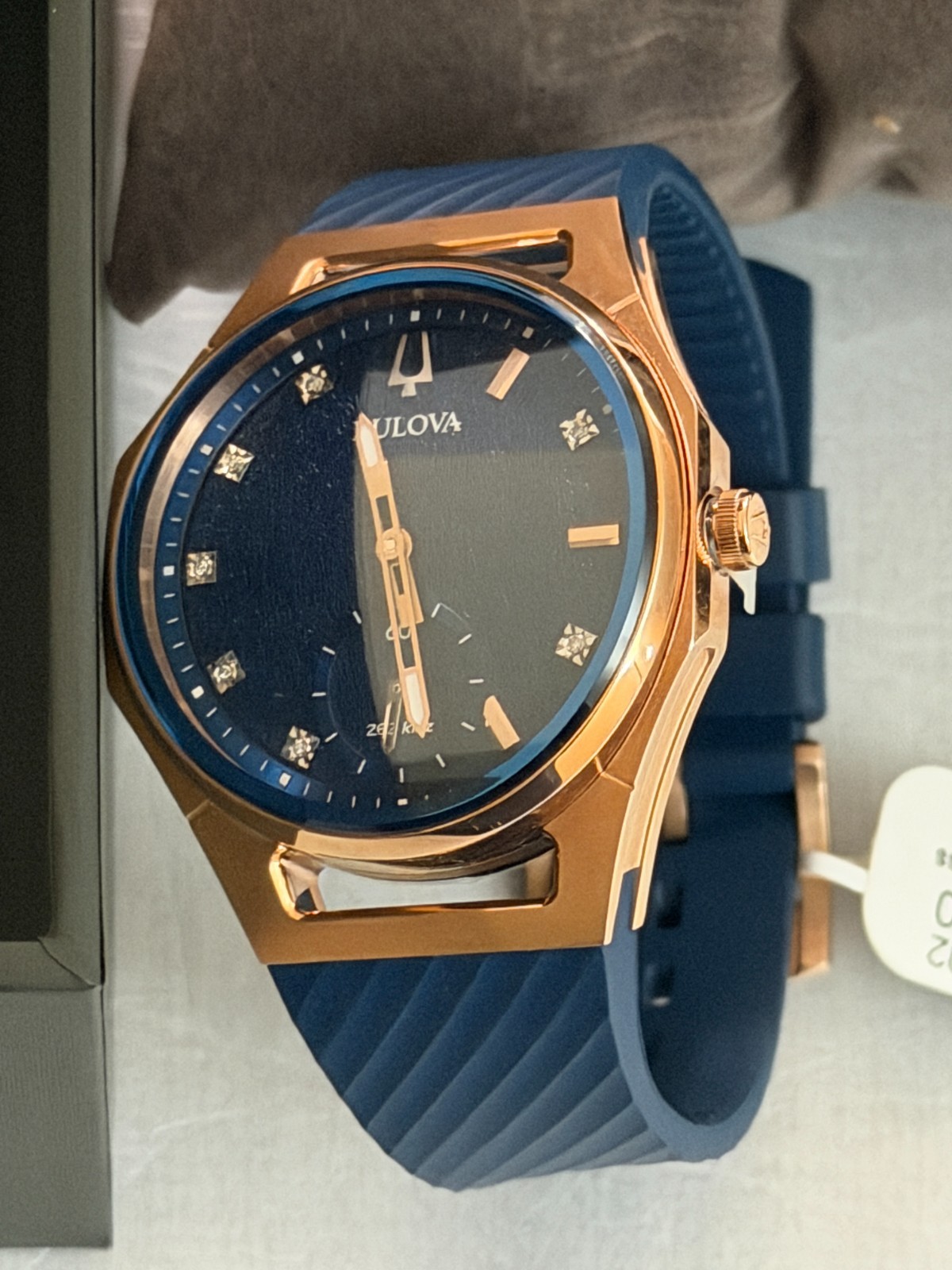 Bulova Curv Marc Anthony Blue Dial Women’s Watch 97P174. NIB $1,250. Rose Gold.